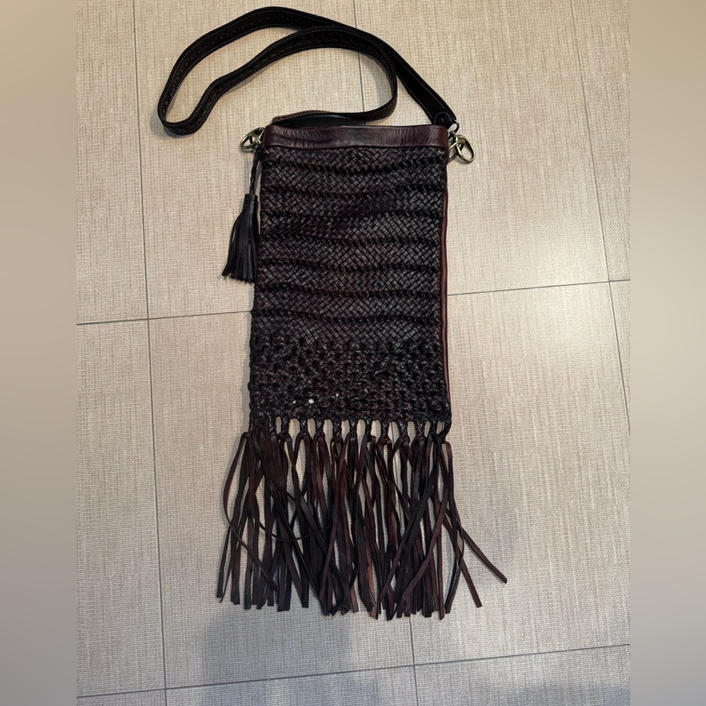 Dark brown leather fringe bag